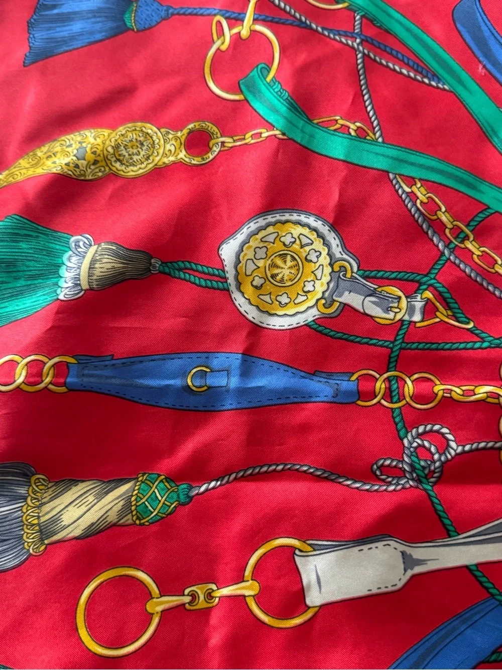 Celine Red Silk Scarf with Black Border and Multicolor Tassels